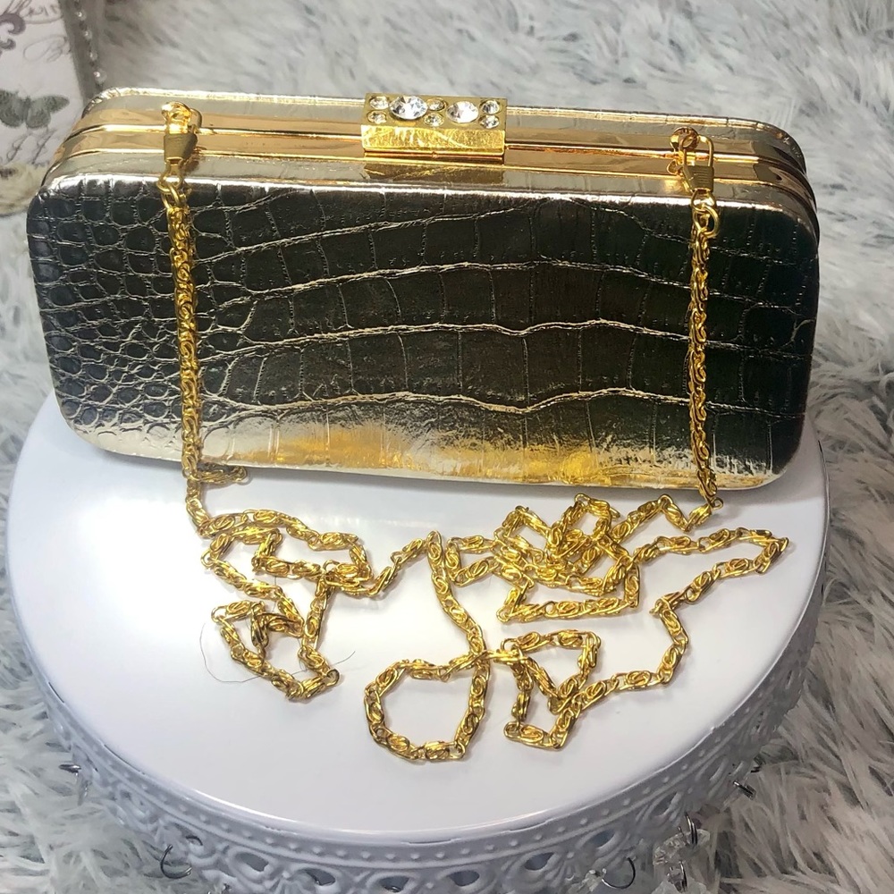 KATE LANDRY - Gold Alligator Print Evening Bag